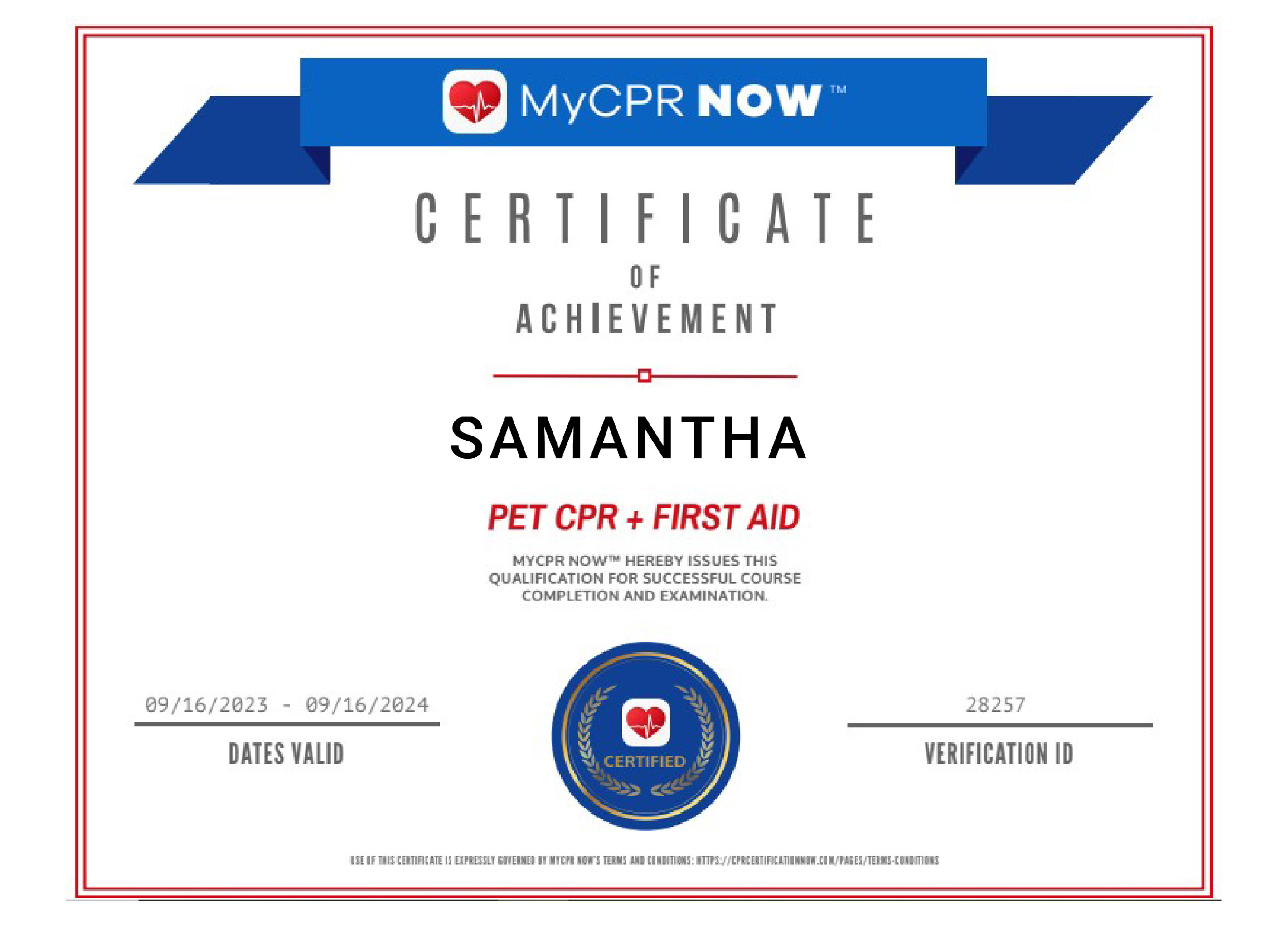 MyCPR Now Pet CRP and First Aid Certificate